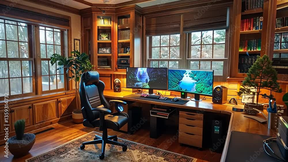 Cozy Home Office Setup with Wooden Furnishings and Panoramic Windows