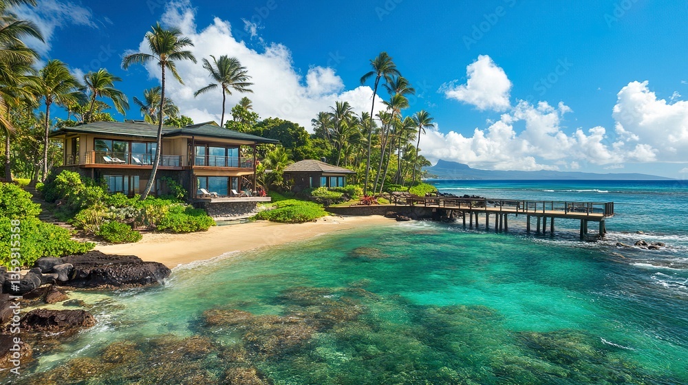 Obraz premium Tropical oceanfront estate, luxury home surrounded by palms, private beach with a wooden pier, vibrant turquoise waters and sunny skies 