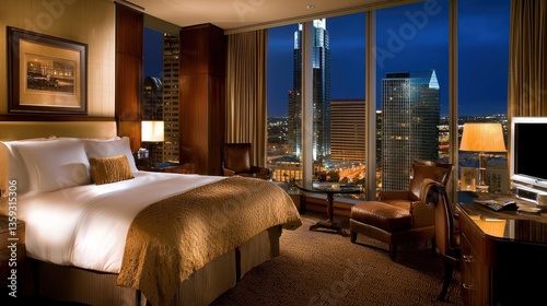Luxurious Hotel Bedroom Provides Stunning City Skyline Views During Evening Hours