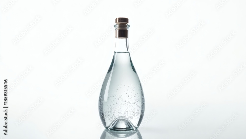 a sleek glass bottle filled with clear liquid, isolated and simple a sleek glass bottle filled with clear liquid, isolated and simple