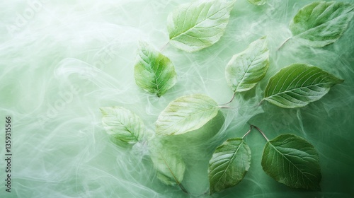 Green leaves floating in a misty light green abstract background