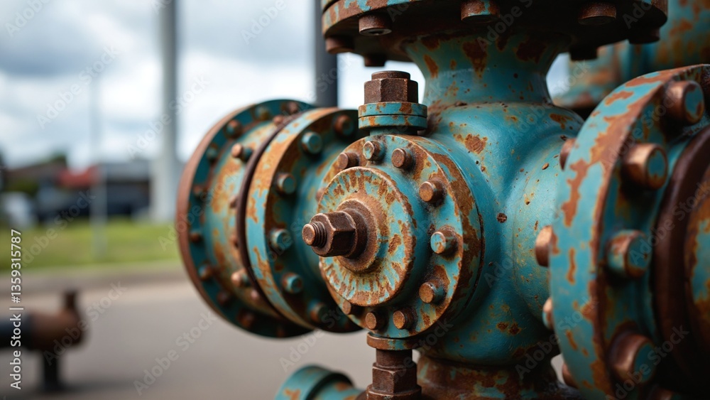 Close-Up of Rusty Industrial Valve with Nuts and Bolts on Weathered Metal Machinery in Outdoor Setting Close-Up of Rusty Industrial Valve with Nuts and Bolts on Weathered Metal Machinery in Outdoor Setting