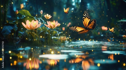 Beautiful orange butterflies flying above a calm reflecting pond