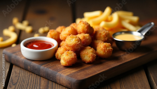 beautiful presentation of street food delicious nuggets with French fries sauces on a wooden stand