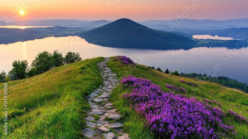 Picturesque landscape of a mountain path overlooking a tranquil lake