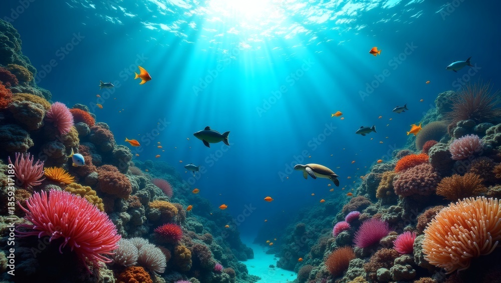 Obraz premium vibrant coral reef teeming with life, illuminated by sunlight shining from above