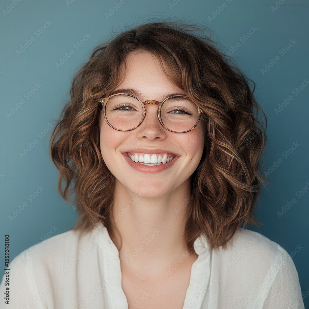 Obraz premium Joyful smiling woman indoor studio portrait photography bright environment close-up view happiness concept