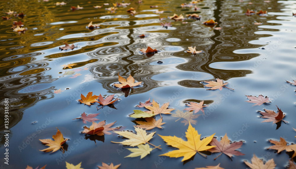Autumn leaves floating on calm river water reflection Autumn leaves floating on calm river water reflection