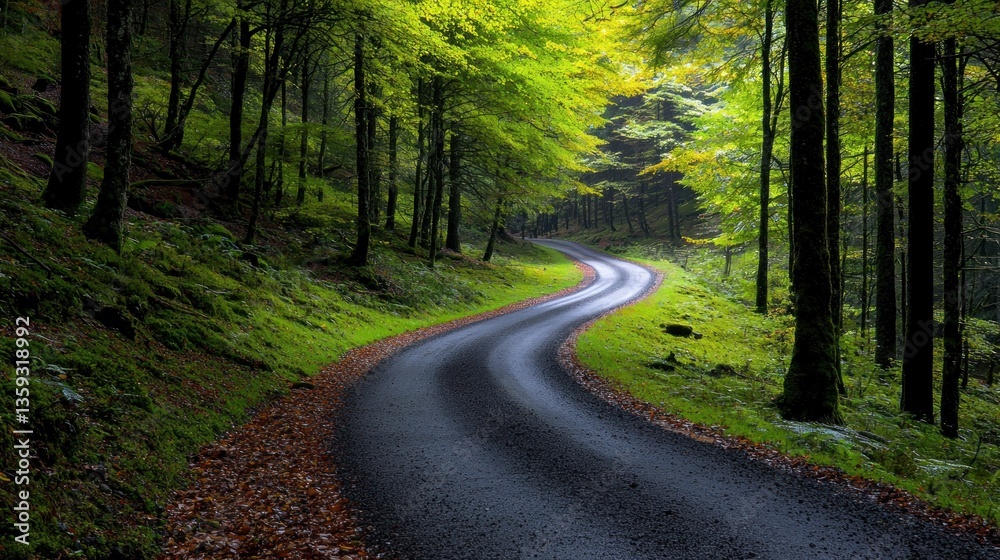 Fototapeta premium A winding road through a beautiful forest with green vegetation