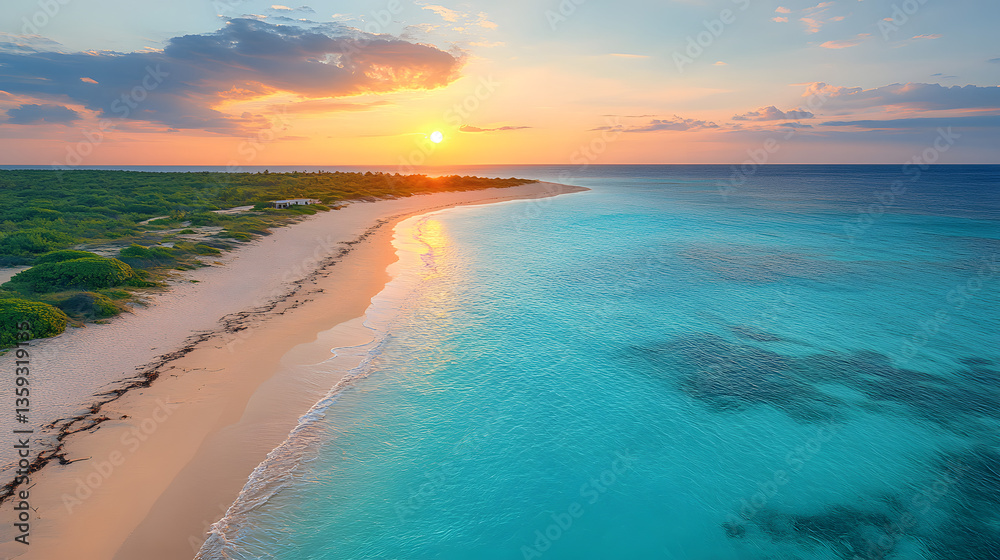 Obraz premium Tropical Paradise Beach at Sunset: Capture the vibrant colors of the ocean merging with the sand and sky, a perfect blend of the sun, sea, and sand at a beautiful beach.