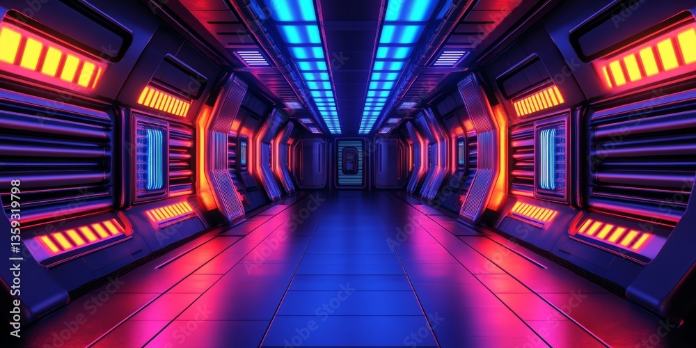 Obraz premium Neon Futuristic Corridor A Perspective View of a Sci-Fi Tunnel with Vibrant Glowing Lights