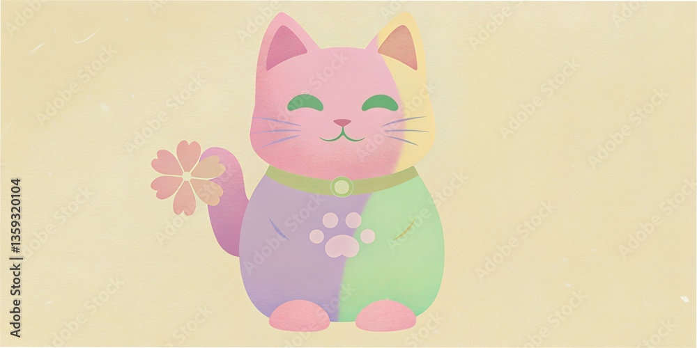 Fototapeta premium Colorful cat character joyful with flower stands proudly in a cheerful pastel setting, showcasing its vibrant personality and charm Collage, idea, desktop background, idea for a flyer, for an album, f