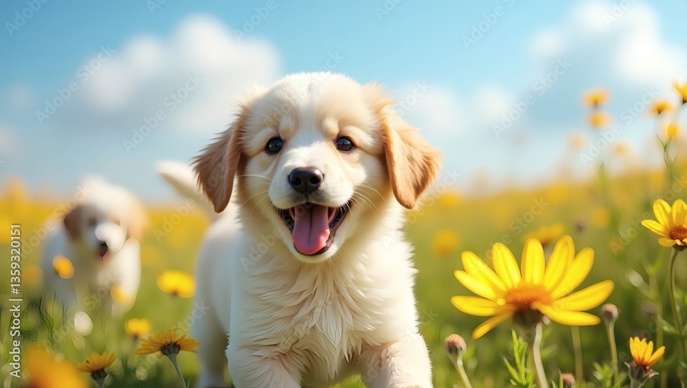 a puppy enjoying a sunny day in a flower field, with a cheerful and friendly expression. The scene is bathed in warm sunlight, conveying happiness and innocence a puppy enjoying a sunny day in a flower field, with a cheerful and friendly expression. The scene is bathed in warm sunlight, conveying happiness and innocence