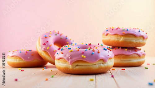Bright donuts with glossy pink glaze and multi-colored sprinkles, and the harmonious combination of pink and white shades resembles an airy sugar cloud.