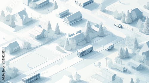 High-angle, isometric view of a stylized winter village rendered in a papercraft style.  The scene is dominated by shades of white and light blue, depicting small houses, coniferous trees, and