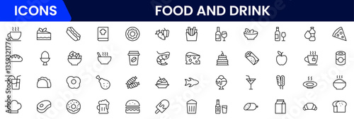 Food and drink web icons in line style. Meal, restaurant, dishes, fruits, fastfood, burger, pizza, coffee, sandwich, collection. Vector illustration.