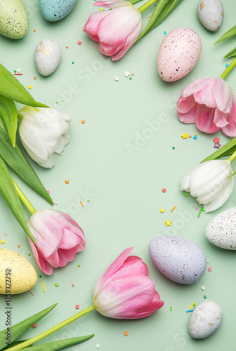 Easter eggs and tulips forming a frame on a pastel green background
