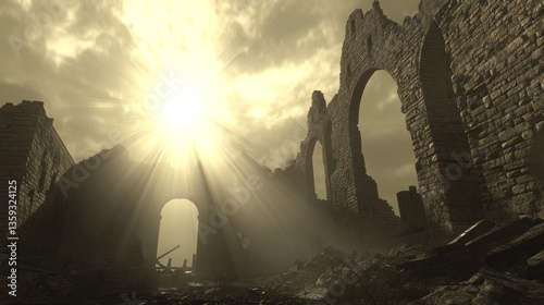 Sun shines through a crumbling ancient stone building ruin