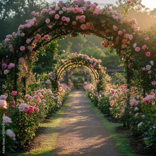 Fototapeta Naklejka Na Ścianę i Meble -  English rose garden in full bloom with symmetrical beds, boxwood hedges, and climbing roses on a central wrought-iron arch