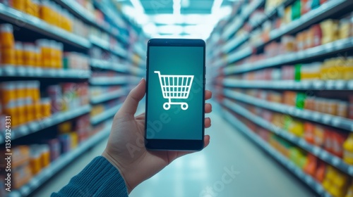 Shopping experience digital convenience grocery store aisle mobile technology indoor environment close-up view modern retail concept