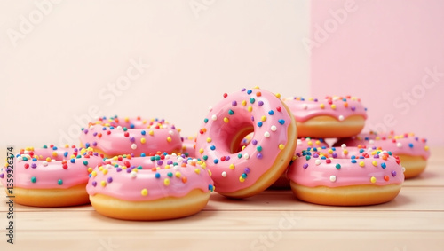 Fresh, flavorful donuts coated in delicious pink glaze and decorated with rainbow sprinkles.