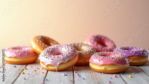 Fresh flavorful donuts covered with delicious glaze and decorated with rainbow sprinkles on a wooden table