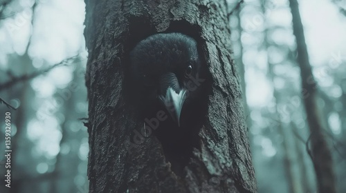 A black bird peeks from within the trunk of a tree