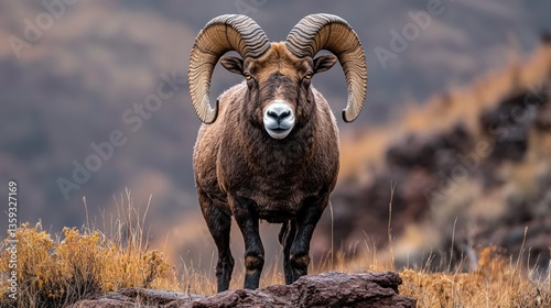A magnificent ram with large curled horns stares straight ahead