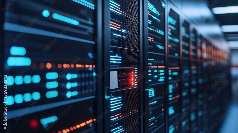 Cyber security Awareness firewall training concept. Data servers with glowing indicators in a modern technology setup. Cyber security Awareness firewall training concept. Data servers with glowing indicators in a modern technology setup.