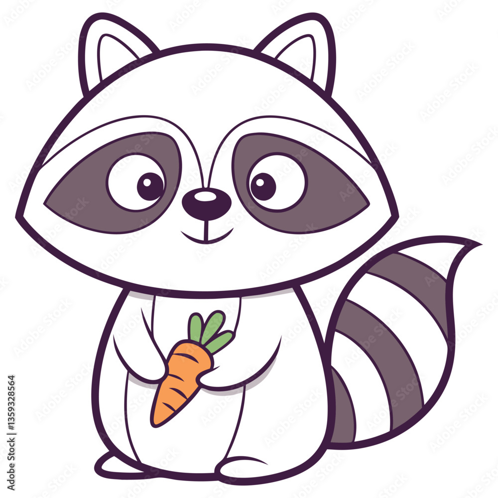 Naklejka premium Cartoon Raccoon Holding Carrot, Striped Tail, White Background, Cute Animal Mascot