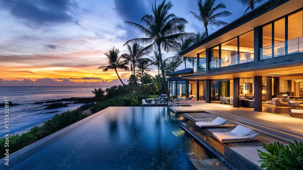 Obraz premium A sleek, modern beachfront mansion with expansive glass walls, infinity pool overlooking the ocean, golden hour lighting, lush palm trees framing the property