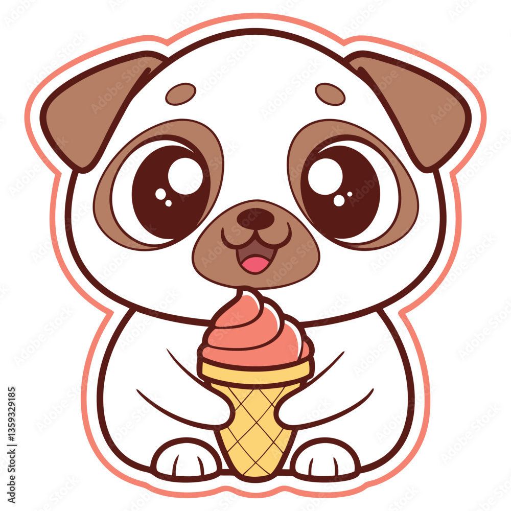 Fototapeta premium Adorable White Puppy with Brown Markings Holding a Pink Ice Cream Cone Design