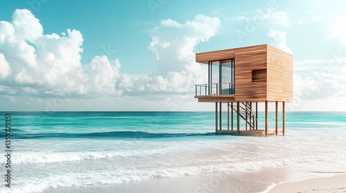 A wooden house tower showcasing modern new urbanism architecture, perched on a sunny Florida beach, its sleek design standing out against the turquoise ocean 