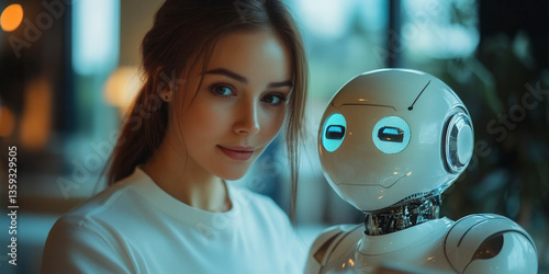 Robot interaction with a young woman indoor setting lifestyle image friendly environment close-up view human-robot connection