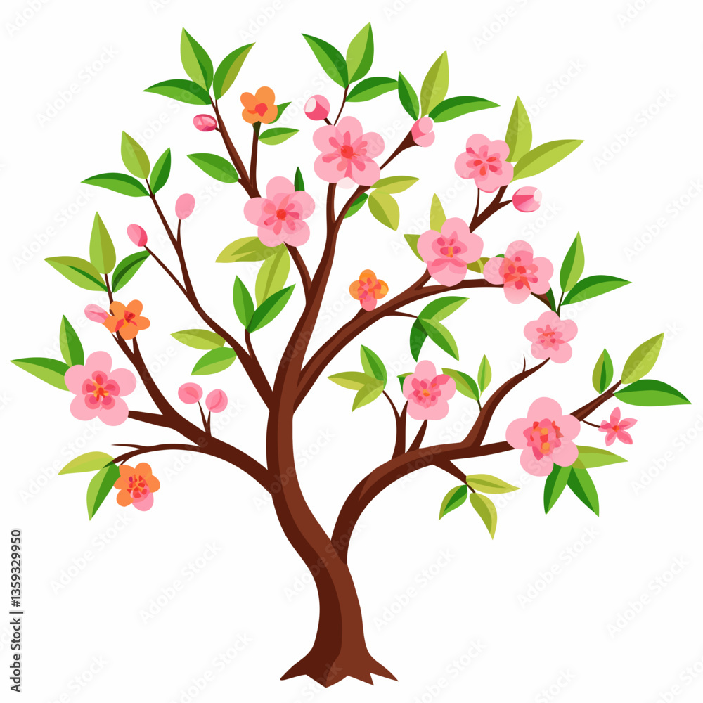 peach tree with delicate pink blossoms and green peach tree with delicate pink blossoms and green