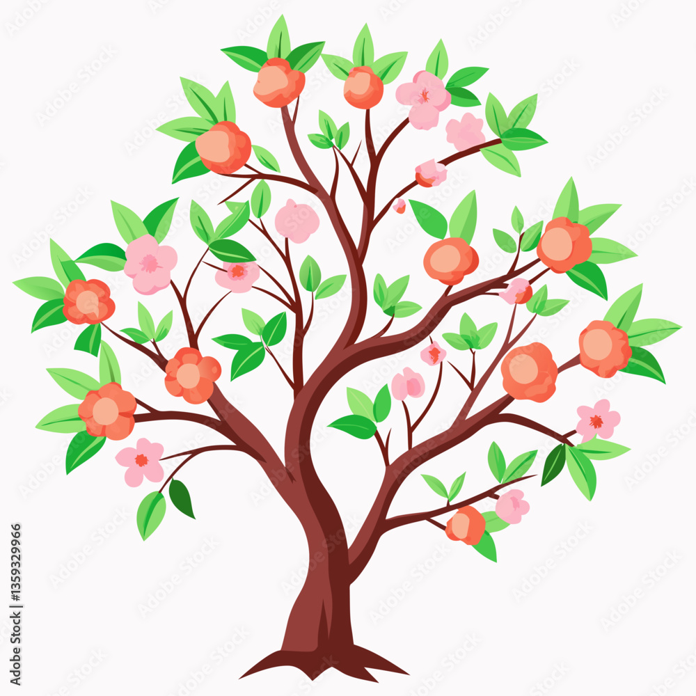 peach tree with delicate pink blossoms and green peach tree with delicate pink blossoms and green