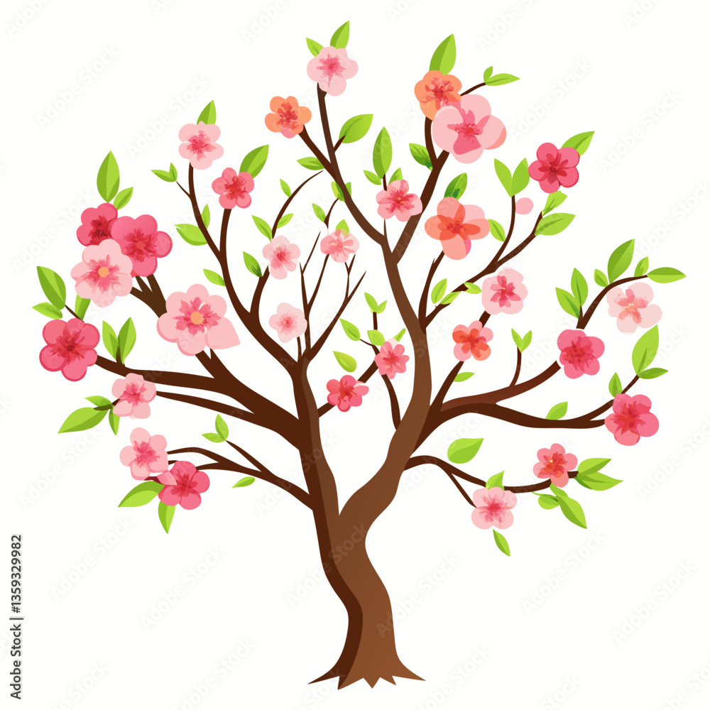 peach tree with delicate pink blossoms and green peach tree with delicate pink blossoms and green