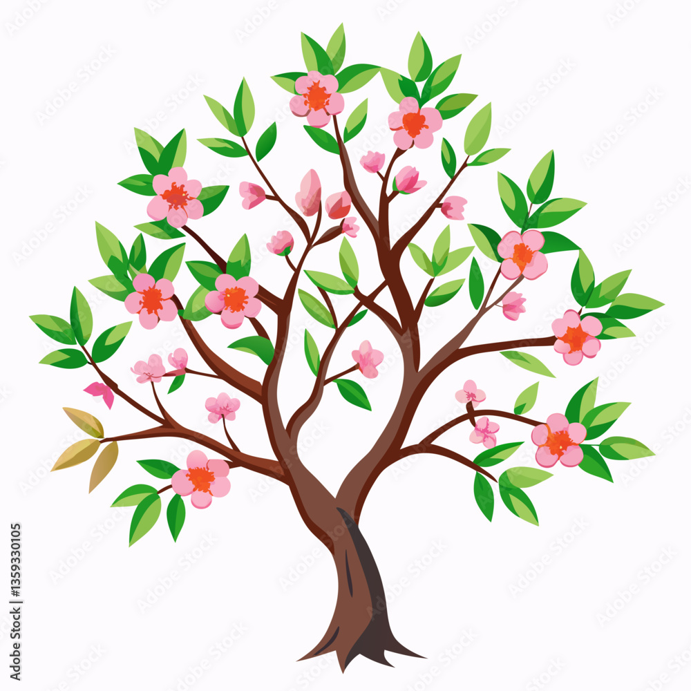 peach tree with delicate pink blossoms and green peach tree with delicate pink blossoms and green