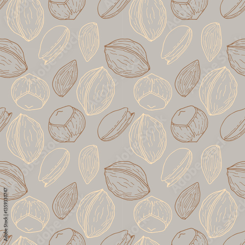Pastel chic pattern with walnut, hazelnut, pistachio and almond. Noble colors. Contour graphics. Packaging, wallpaper, wrapper, background.