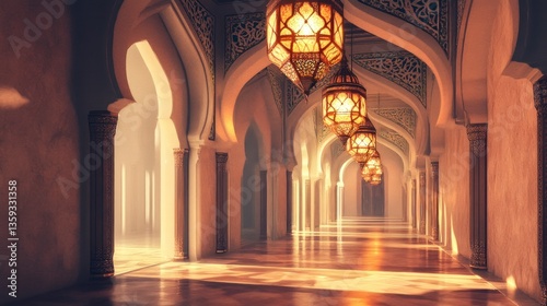 Serene Islamic Architecture Corridor with Hanging Lanterns
