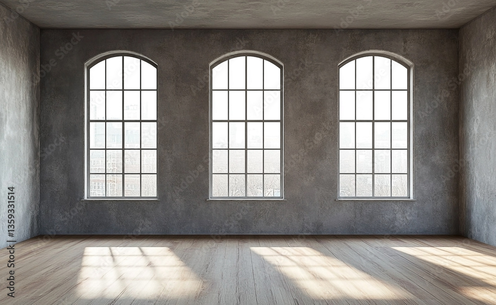 Empty room with three large windows and a wooden floor letting in natural light Empty room with three large windows and a wooden floor letting in natural light