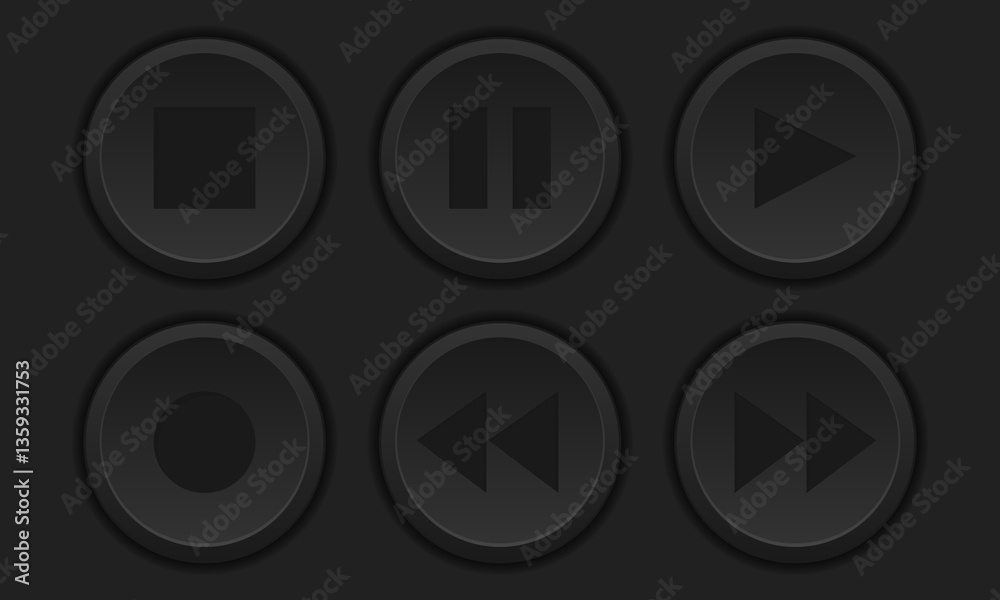 Black media control buttons. Set of media control buttons marked with a unique symbol representing a specific media function. Vector illustratrion, EPS10