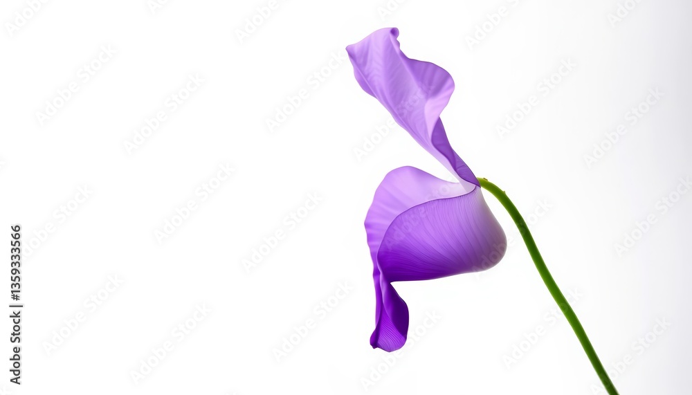 Fototapeta premium A single, delicate sweet pea blossom, vibrant purple, petals unfurled against a pure white background, botanical illustration, detail