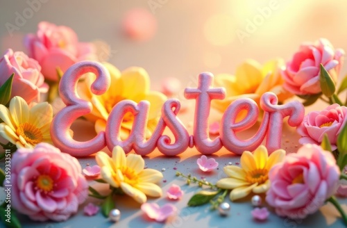 colorful easter letters with floral decor in light blue background