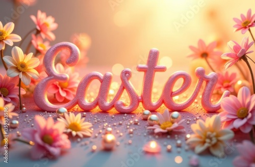 colorful easter letters with floral decor in light blue background