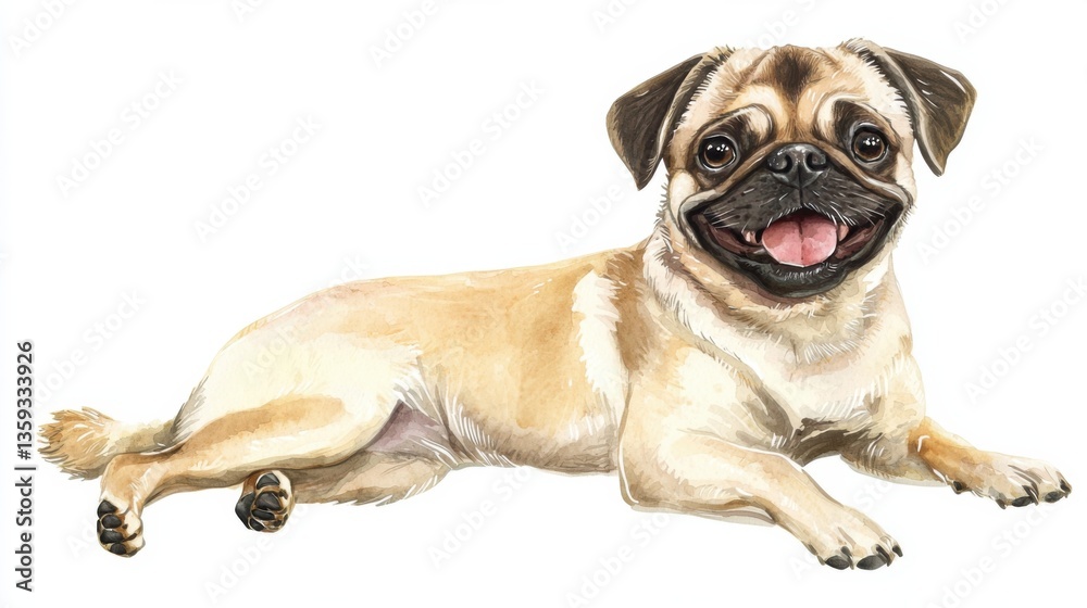 Obraz premium Cute happy dog sitting and posing on white background, Pug dog 