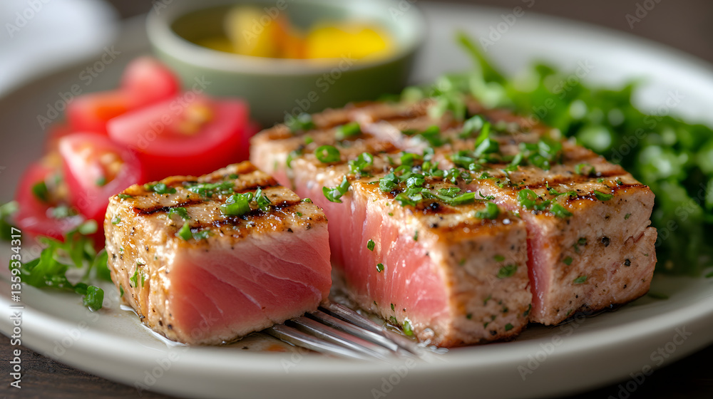 Culinary Delight: Exquisite grilled tuna steak served on a plate with fresh ingredients and vibrant colors, tempting the palate. Culinary Delight: Exquisite grilled tuna steak served on a plate with fresh ingredients and vibrant colors, tempting the palate.