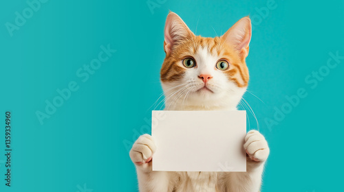 Cute fluffy white and orange cat holding a piece of paper on blue background. Shopping sale discount concept