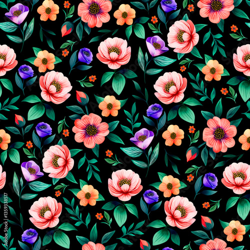 Colorful Seamless Flowers, Watercolor Floral Pattern, Hand Drawn Botanical Illustration.