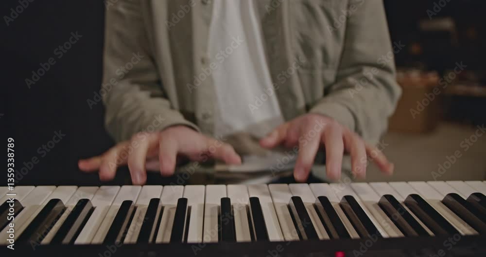 Close-up of a musician's hands playing a digital piano keyboard. The musician is wearing a light green shirt and a white t-shirt.